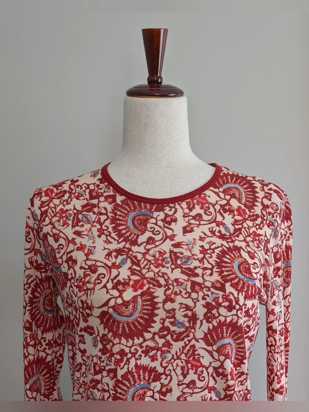 Tory Burch Long Sleeve Floral Print Crew Neck Pima Cotton Top Red Multi Size XS